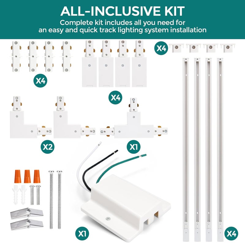 iCreating H Track Lighting Rails Kit - 13ft White Track Light Tracks 3 Wire with Floating Canopy Connector, I and L Connectors for Single Circuit H Type LED Tracks Lighting Heads Fixtures - Image 2